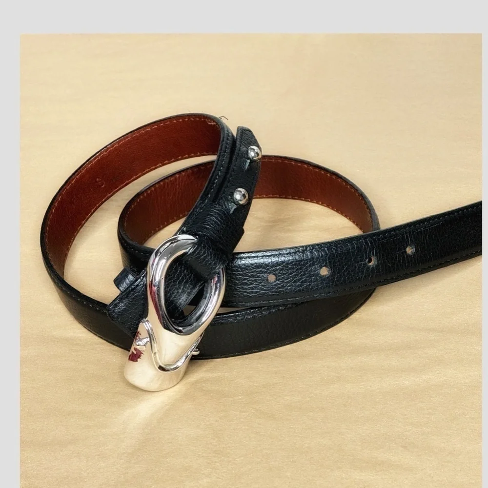Brian Toohey Pebbled Leather Belt Black Silver Hardware Buckle Size Small 30/34